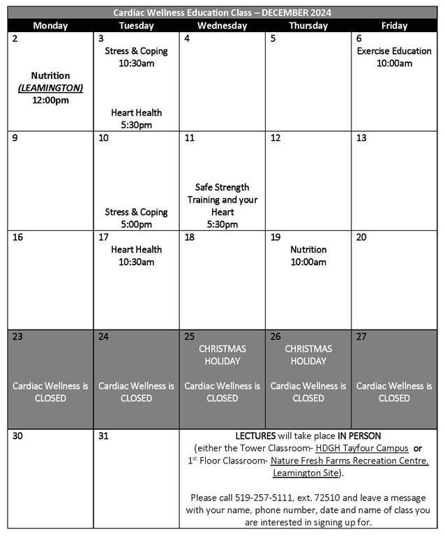 December 2024 Cardiac Wellness Calendar